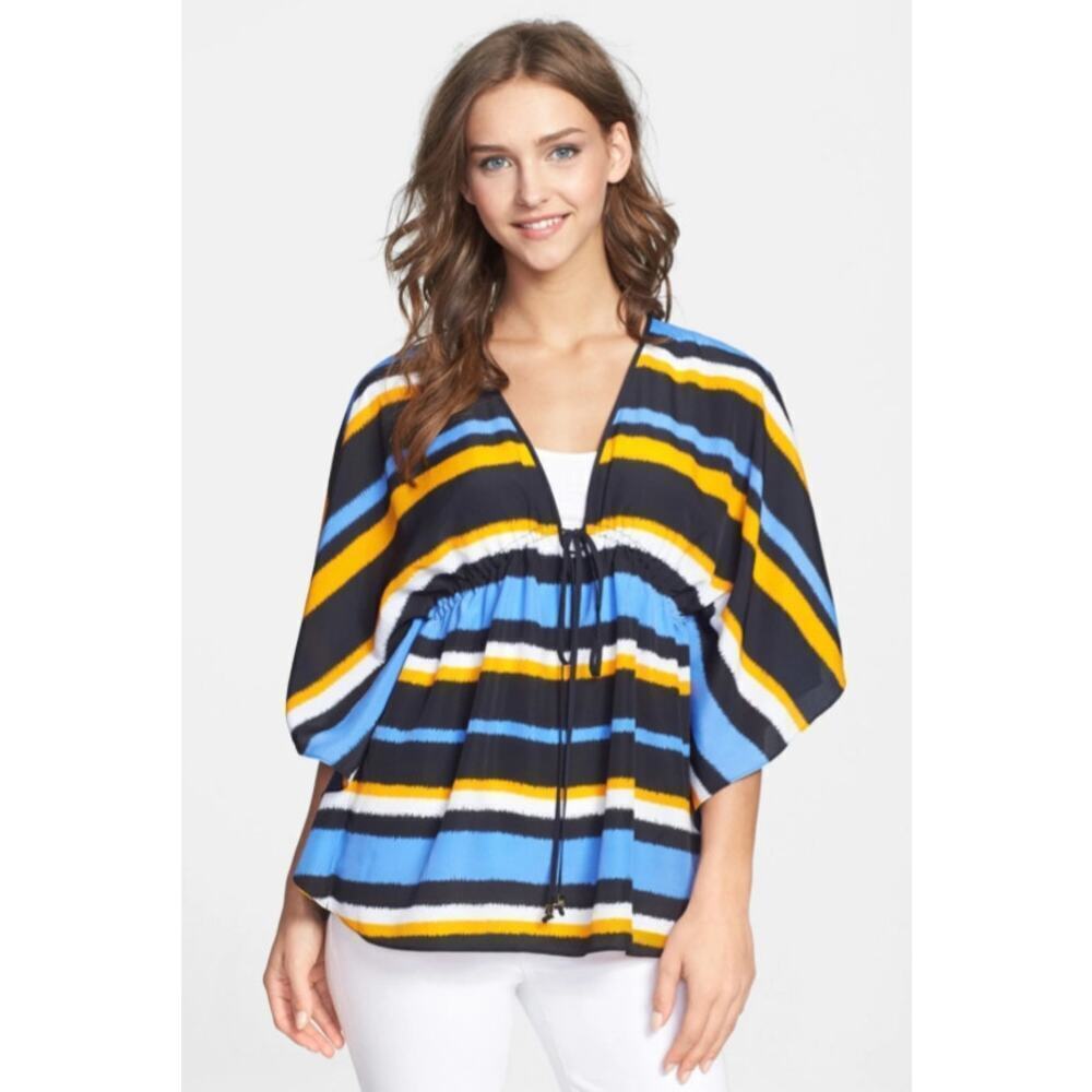 Michael Kors Womens Cinch Waist Striped Tunic Blouse Yellow Blue Plus Size 2X